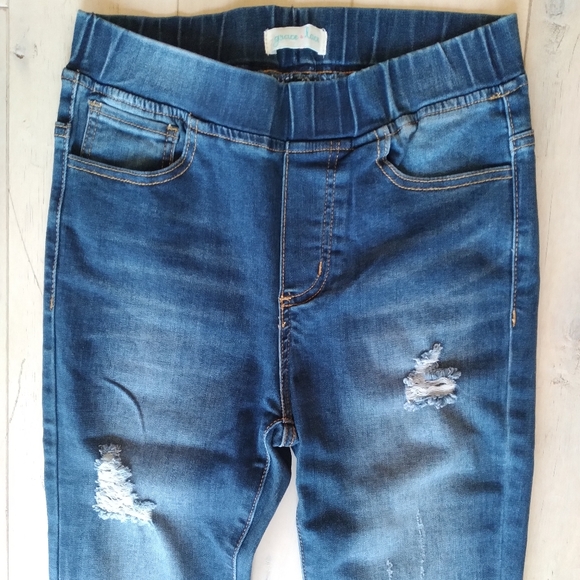 Distressed Mid-Rise Pull-On Denim (Washed Indigo) - Picture 10 of 12